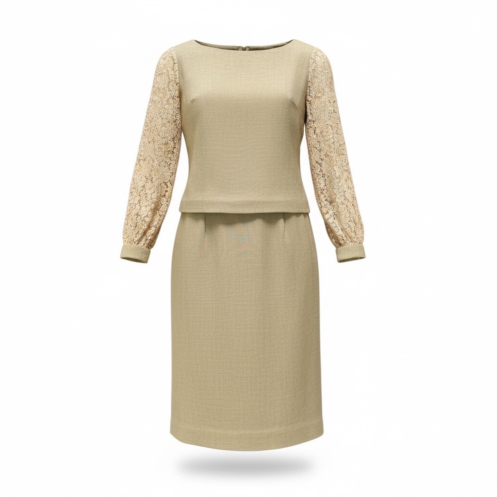 Vintage Flax Color Woven Cotton Handmade Shirt and Dress Set with Lace Sleeves